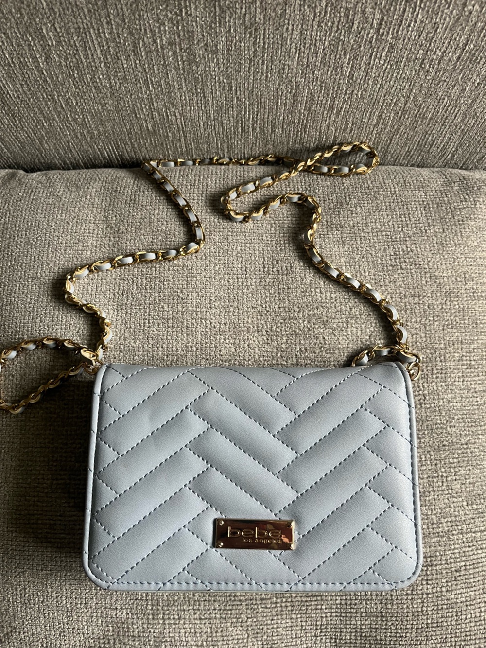 bebe Quilted Light Gray Crossbody with Gold Chain